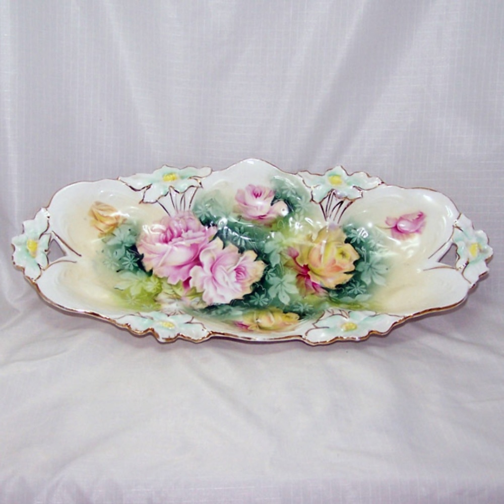 R S Prussia Roses Molded Handled Oblong Celery Bowl Serving Dish